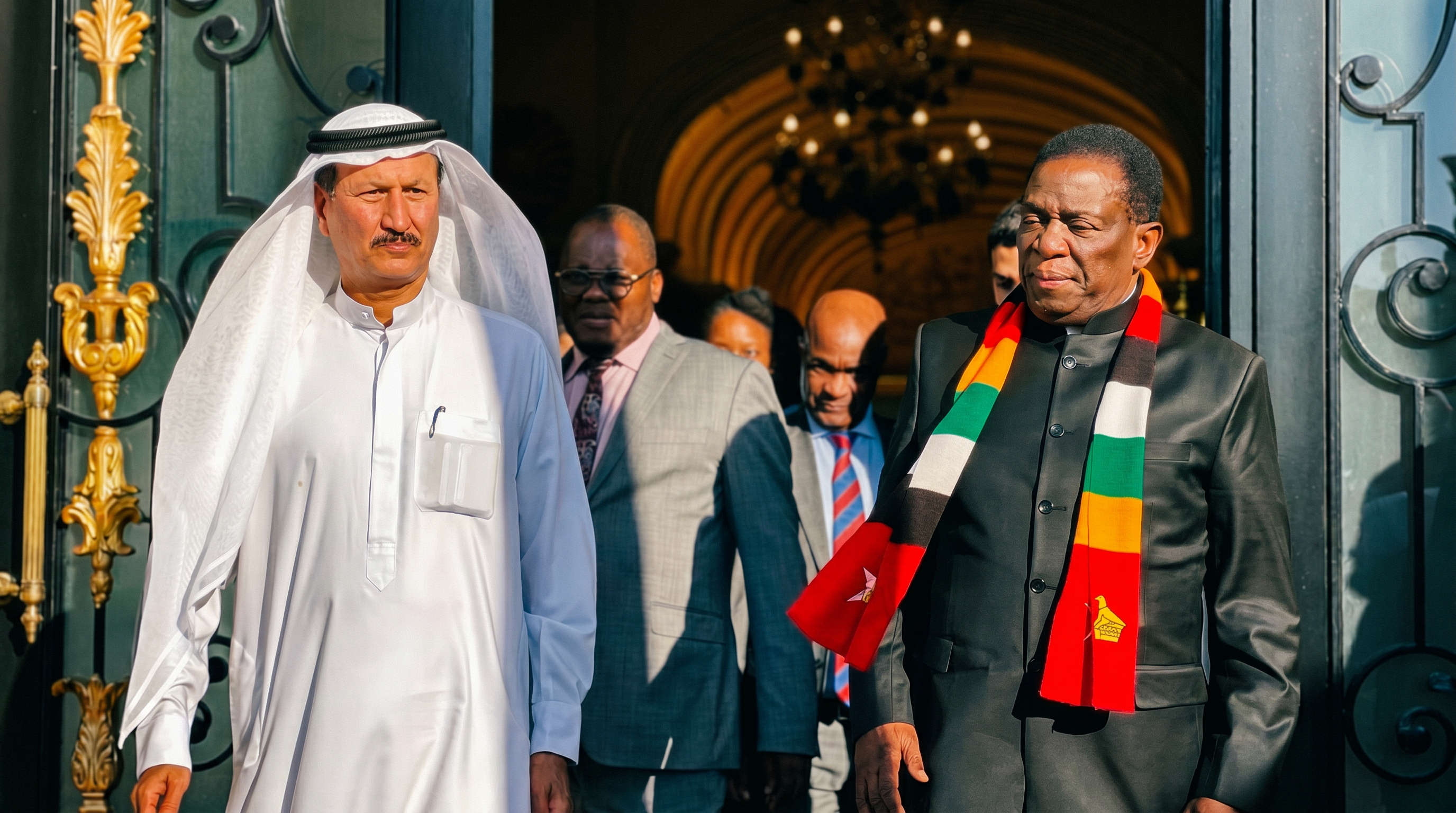 President Mnangagwa with an Emirati host departing a Dubai palace during a state engagement