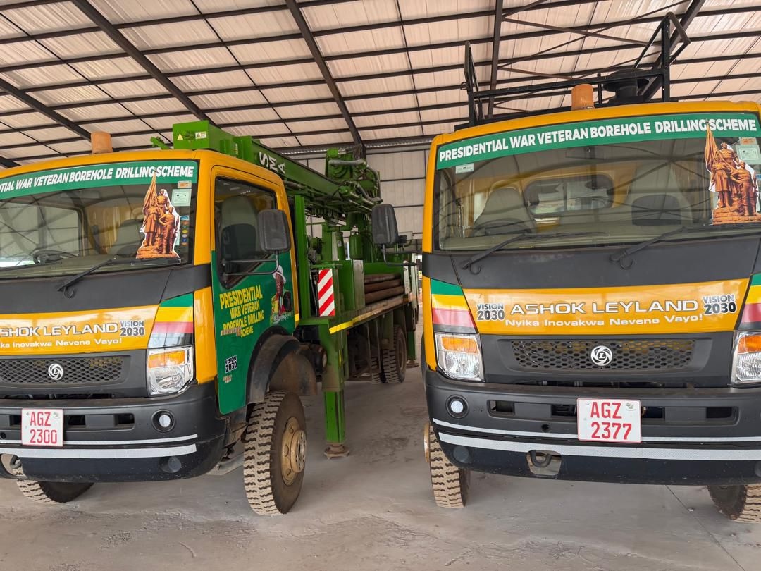Fleet of Ashok Leyland Presidential War Veteran Borehole drilling trucks in the Vision 2030 livery